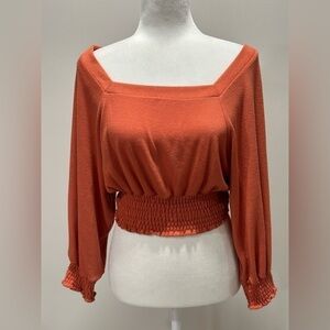 Free People Women’s Smocked Balloon Sleeve Burnt Orange Crop Blouse Size XS
